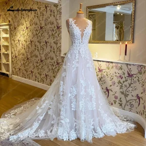 Customized Lace Appliques Beach Wedding Gown