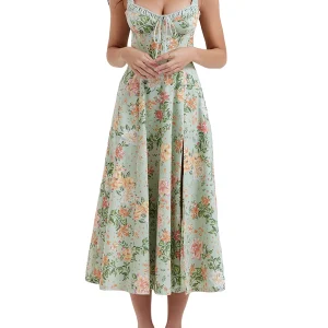 Women Summer Casual Midi Dress Floral Print Low-Cut