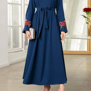 Elegant Floral Patterned Abaya Dress with Belt and Flare Sleeves