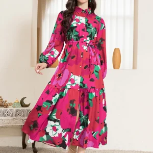 Sweetheart Collar Long Sleeve Button Belted Polka Dot Print Maxi Dress in Rose Pink