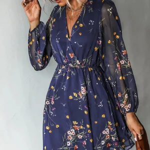New Women's Floral Printed Chiffon V-Neck Mini Dress