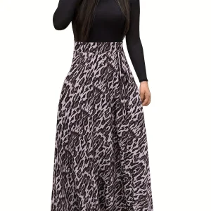 Plus Size Women's Leopard Print Round Neck Long Sleeve Elegant Dress
