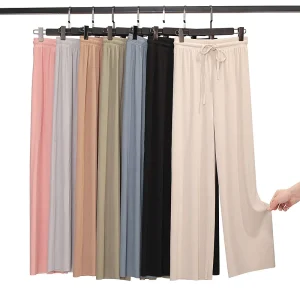 Women Ankle-Length Wide Leg Pants Elastic Waist Silk Pants