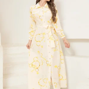 Elegant Long Shirt-Sleeve Dress with Chain Print Design, Belt & Pocket